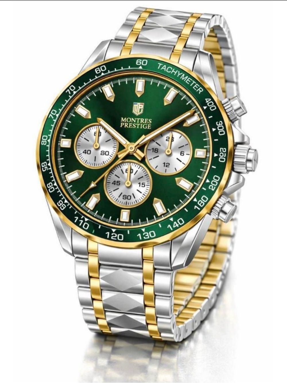 Montres Prestige Green Dial Two-Tone Chronograph Watch